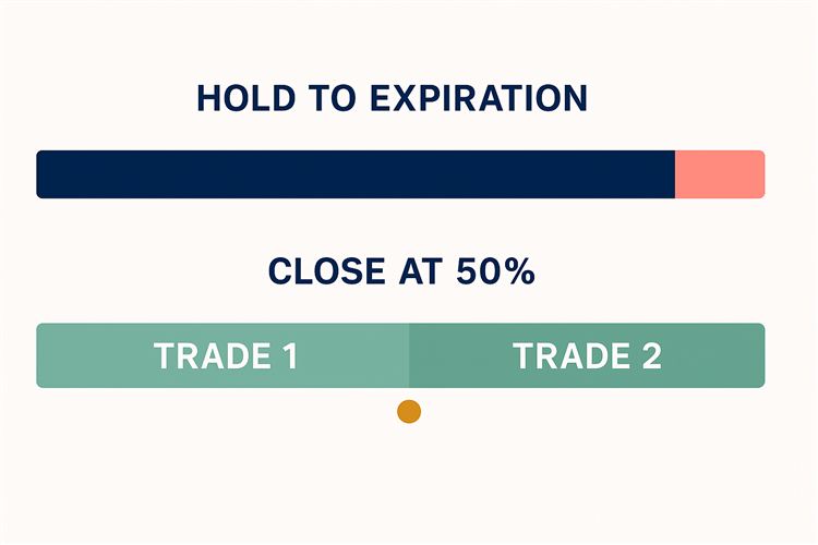 Timeline comparing one trade held to expiration with two back-to-back trades when the first closes at the 50% profit target