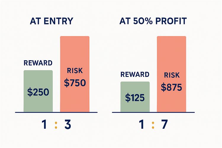 Bar comparison of remaining reward versus remaining risk at entry and at the 50% profit target