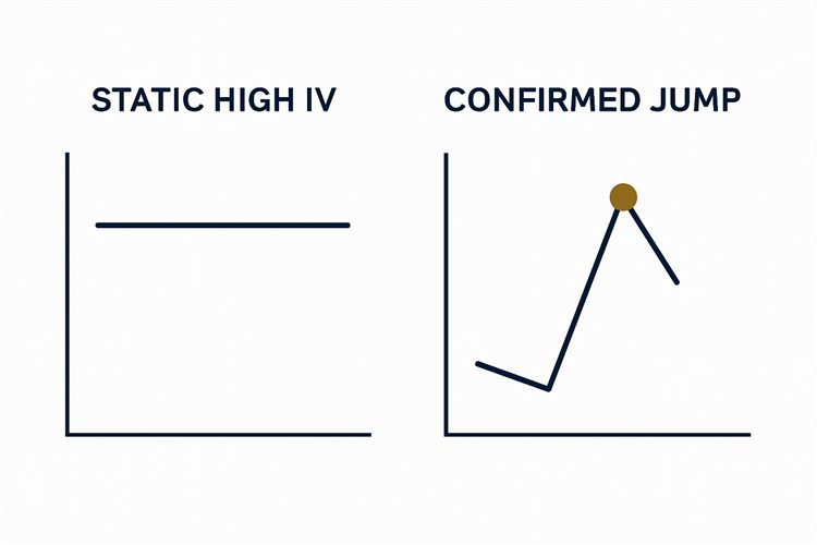 Chart contrasting a flat high IV Rank plateau with a sharp confirmed IV Rank jump that clears the contraction engine's entry threshold
