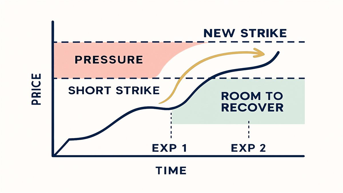 Diagram of a short put strike under pressure being rolled to a later expiration for a net credit