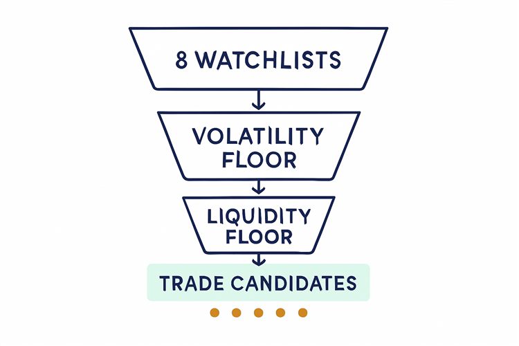Candidate discovery funnel from eight watchlists through volatility and liquidity filters