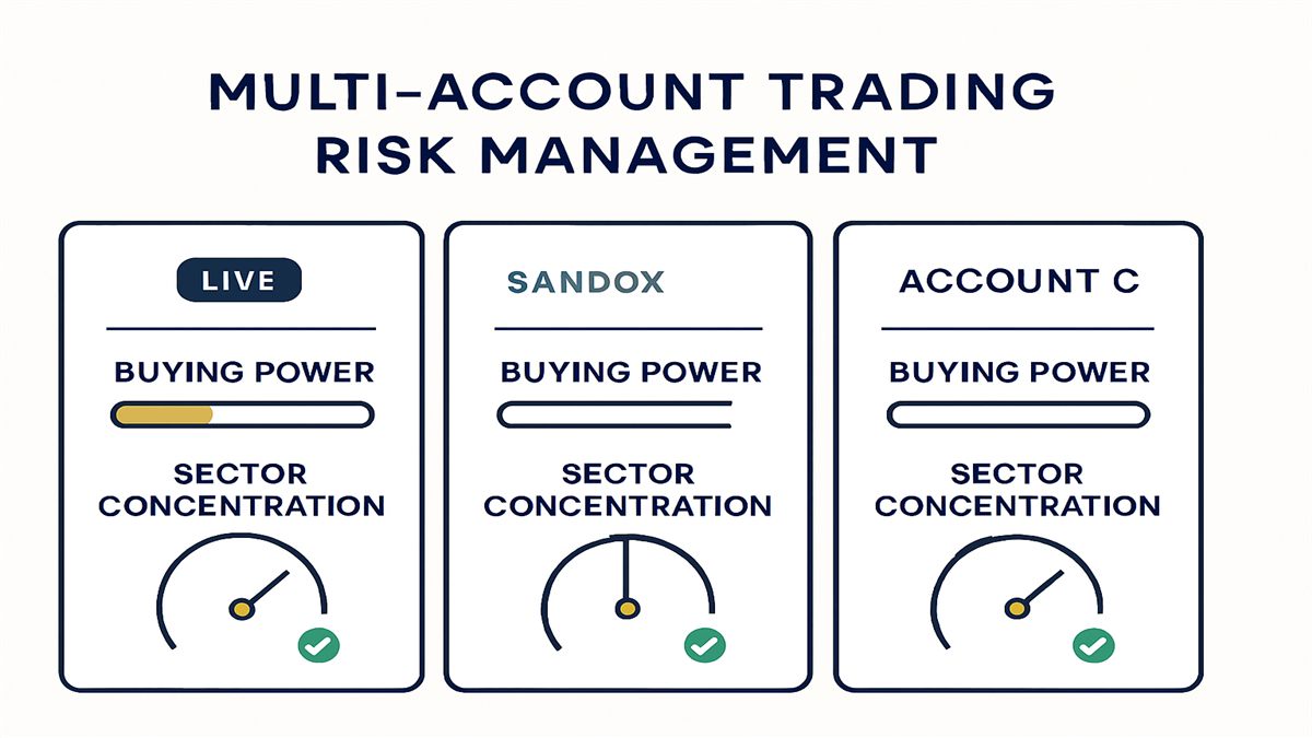 Dashboard diagram showing separate risk limits and sector concentration caps across multiple trading accounts
