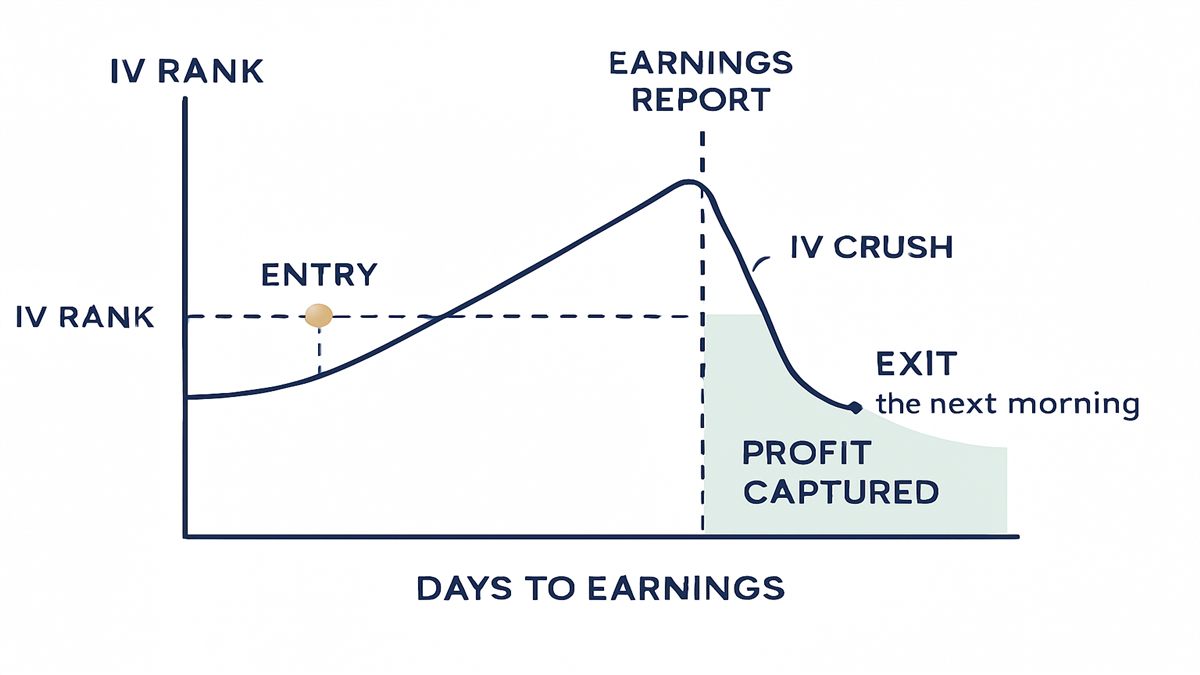 Diagram showing IV Rank ramping into an earnings report, an entry marker, then a sharp drop after the report labeled IV crush with an exit marker the next morning