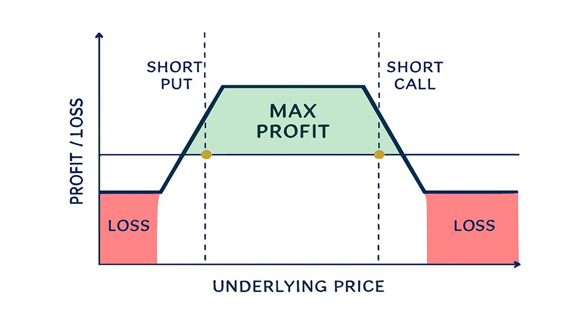 Iron condor payoff diagram showing a profit zone between two short strikes on a dark trading chart