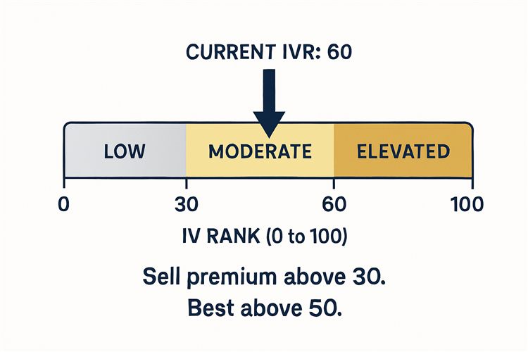 IV Rank gauge showing LOW, MODERATE, and ELEVATED zones with a marker at 60