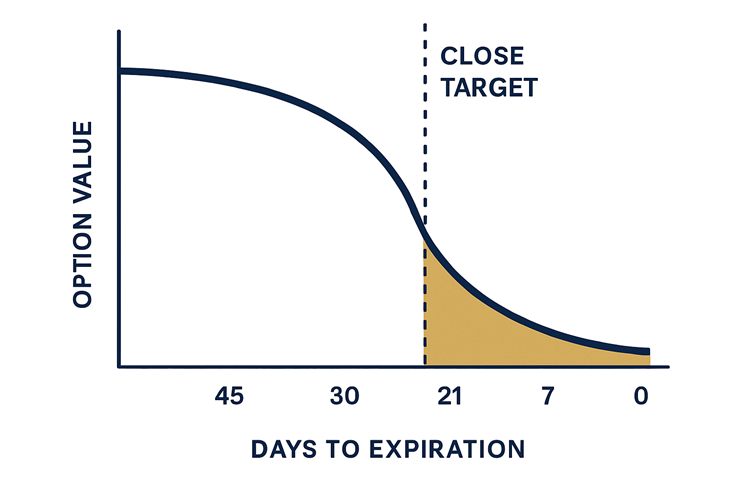 Theta decay curve showing option value dropping sharply after 21 days to expiration