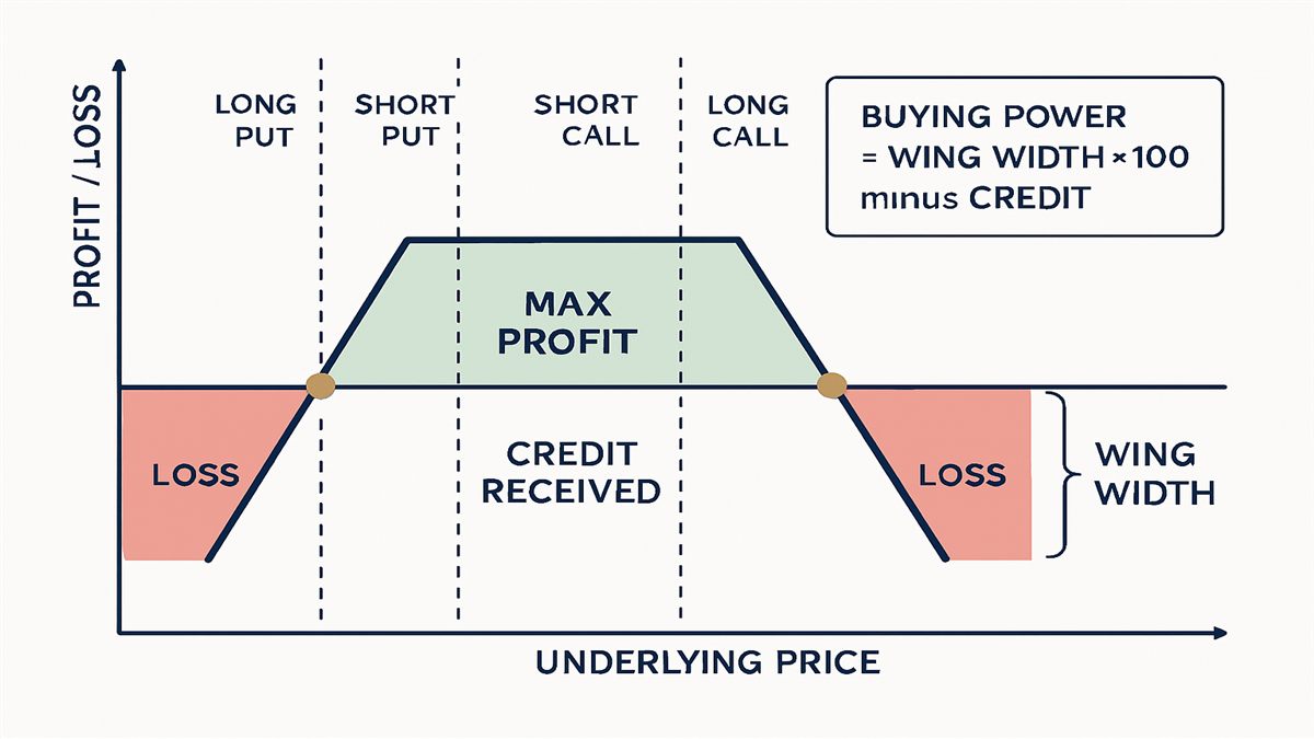 Diagram of a 10-wide iron condor showing buying power reduction as wing width minus credit received, with the max loss zone shaded on one side
