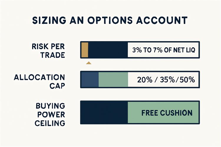 Three stacked limits on an account: per-trade risk cap, allocation cap, and account-wide buying power ceiling